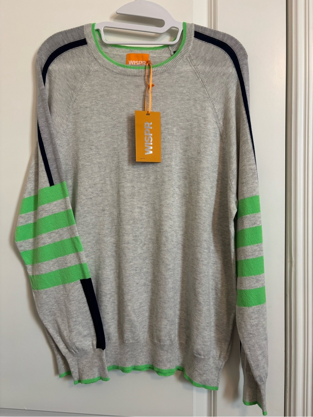 Women’s Wispr Grey Crewneck Sweater with Neon Green Stripes Size Medium